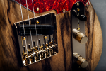 The close up of the gold bridge of a t-style guitar with a Seymor Duncan  hotrails pickup in it.
