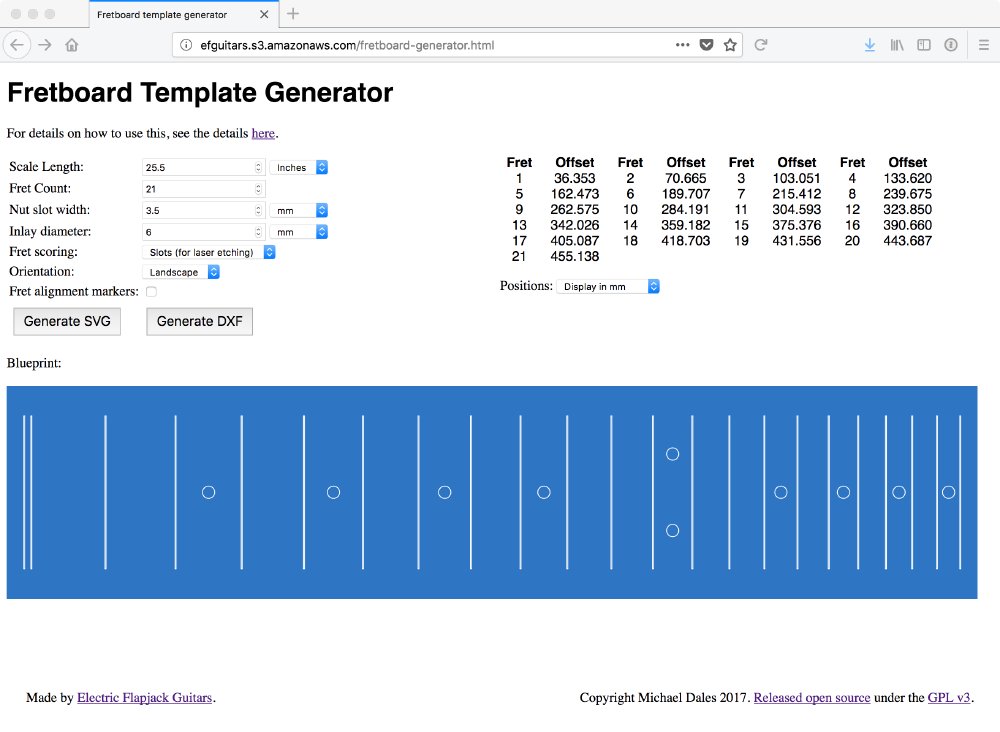 A screenshot of a fretboard editor in a browser. Shows a diagram of a fretboard, and controls that let you set things like scale-length, how many frets, inlays etc.