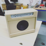 A photo of an unfinished amp combo cabinet that has been built. The speaker and metal component chassis are in place, but the body is just raw MDF and needs painting.