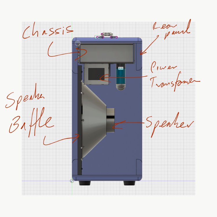 A side section of the amp in CAD, labelling the location the various parts. You can see that it's a tight fit in there with things just going together like a jigsaw in places.