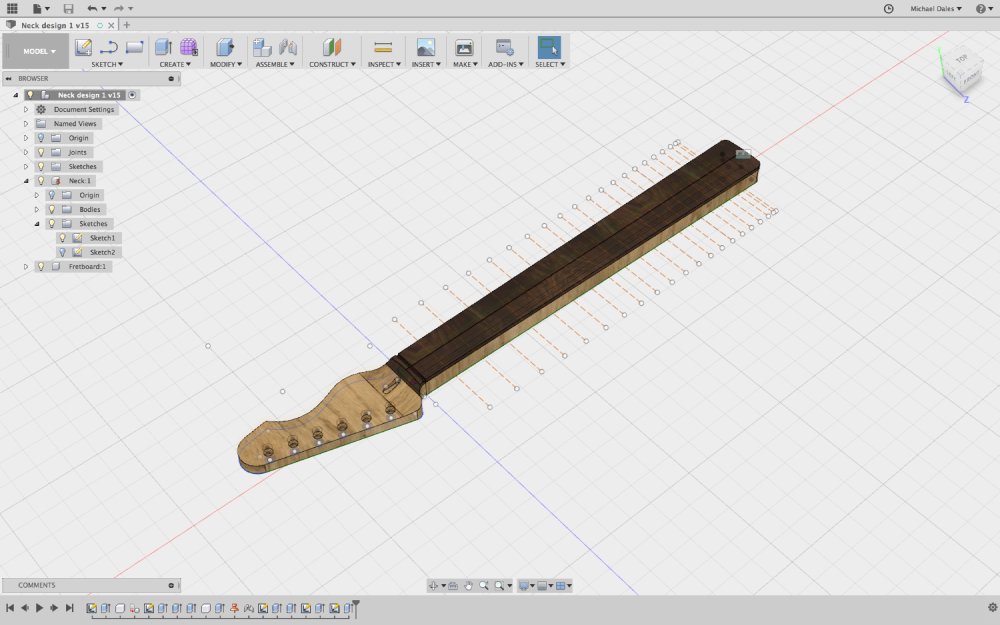 A screenshot of Fusion 360 showing a textured 3D model of a  guitar neck.