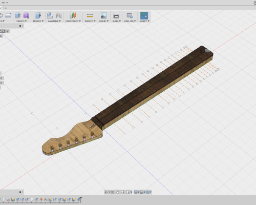 A screenshot of Fusion 360 showing a textured 3D model of a  guitar neck.
