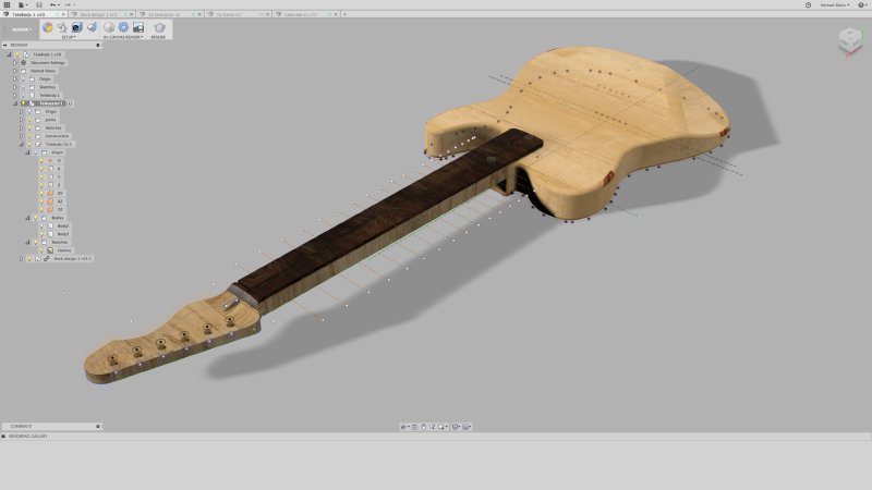 A crude CAD model of a telecaster style guitar, with a textured neck and body but no pickups or other hardware.
