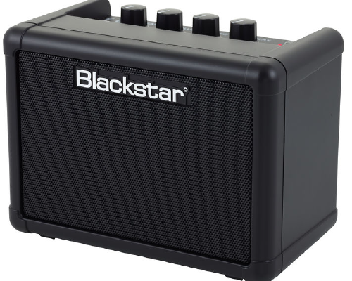 A Blackstar Fly III tiny practice amp. It's a small black rectangle with some controls on.