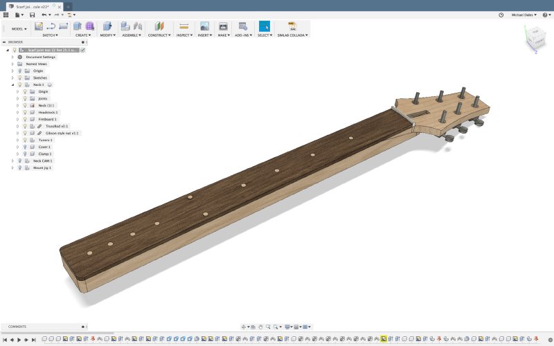 A CAD model of a neck with a scarf joint, which puts the headstock back at a slight angle rather than having it parallel to the fretboard.