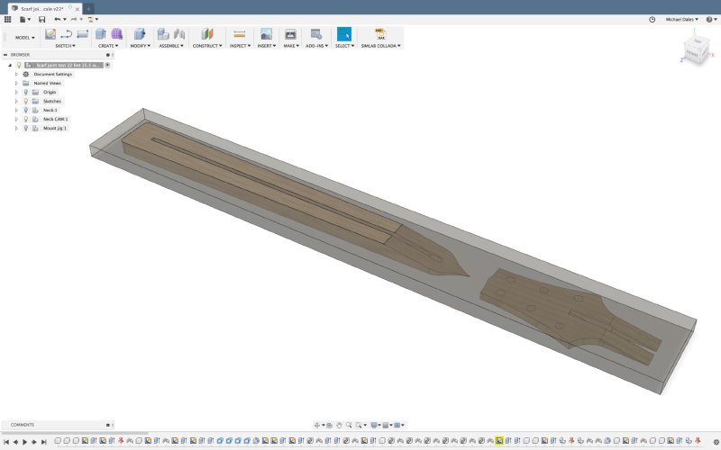 A CAD tool screenshot showing how the CNC router might cut the parts for a scarf joint.