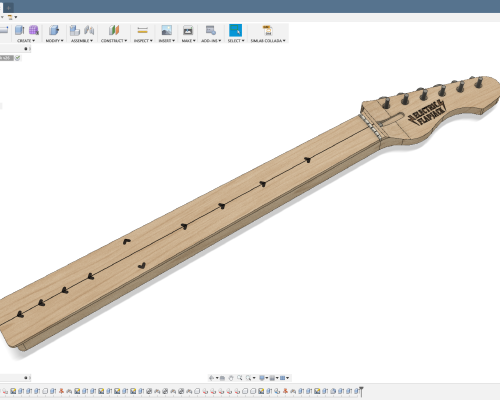 A CAD model of a guitar neck, but rather than round inlay dots it has little video game style arrows.
