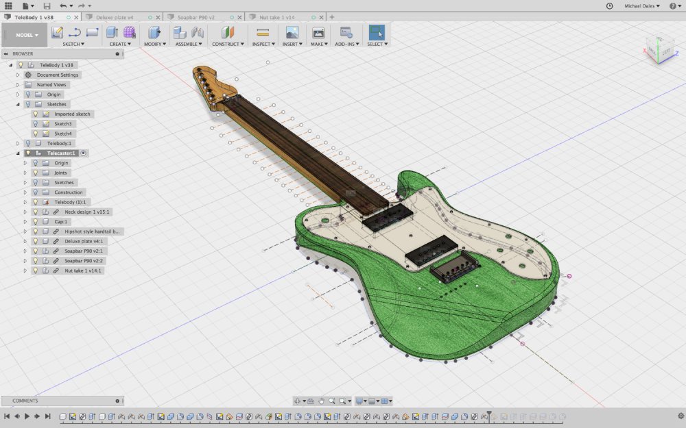 A screenshot of a detailed CAD model of a green t-style guitar.