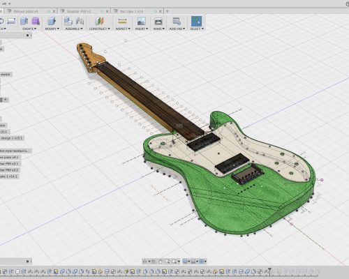 A screenshot of a detailed CAD model of a green t-style guitar.