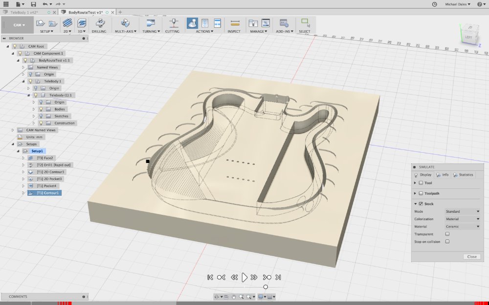 Screenshot of Fusion 360's manufacturing view showing how it'd carve out the guitar body in a block of material.