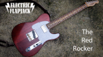 An electric guitar sits on a concrete background. It has a crimson red body, a pearloid white pickguard, and a maple neck with a rosewood fretboard.