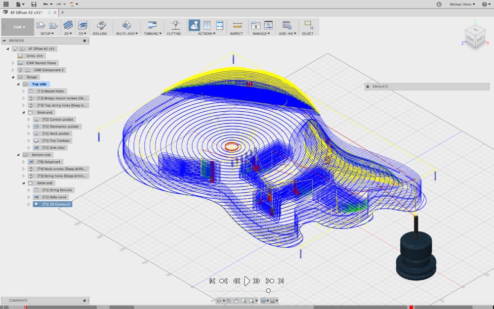 A screen shot on the CNC-router tool path for carving an entire guitar body