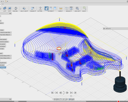 A screen shot on the CNC-router tool path for carving an entire guitar body