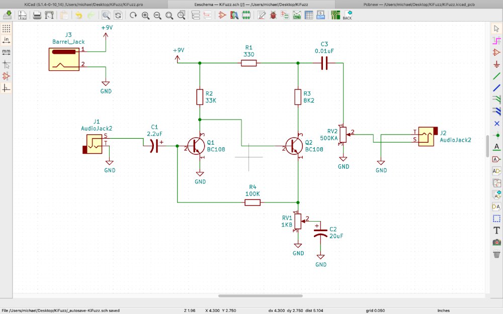 The circuit diagram for a Fuzz Face pedal in KiCAD software.
