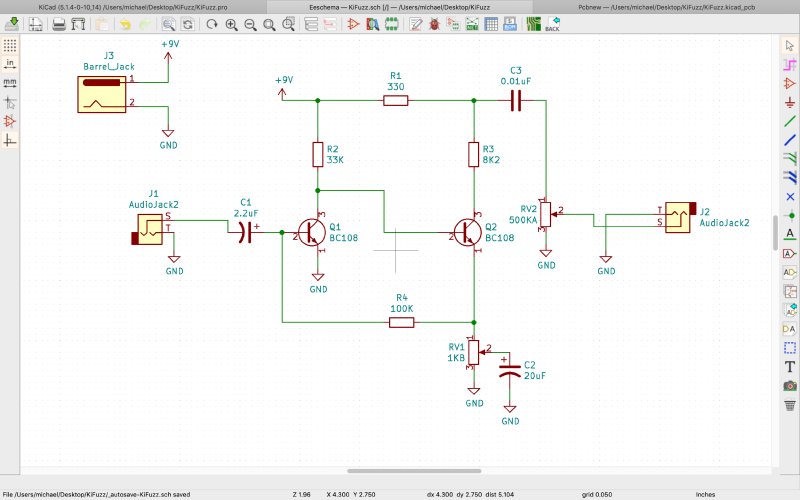 The circuit diagram for a Fuzz Face pedal in KiCAD software.