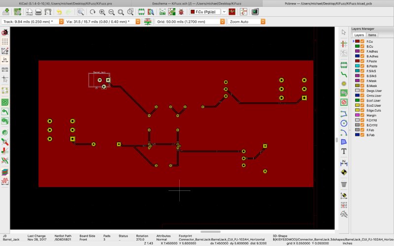 The PCB layout for the same circuit shown in KiCAD.