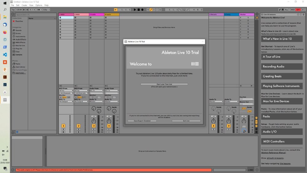 A screen shot of the opening splash to Ableton Live showing the welcome message.
