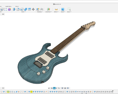 The CAD model of a guitar. It is a solid body electric guitar design, with an arched top, and two pointy curved upper horns to provide access to the higher frets. There is a small pickguard in the middle that houses two P90 pickups, and there are three control knobs.