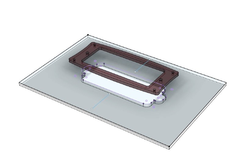 A CAD sketch showing the template I made for routing out the pickup cavity with the pickup mount ring hovering above it, showing how the screw holes on both align.