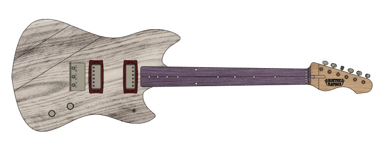 A CAD drawing of the finished guitar from the front, showing the pickups mounted in small rings.