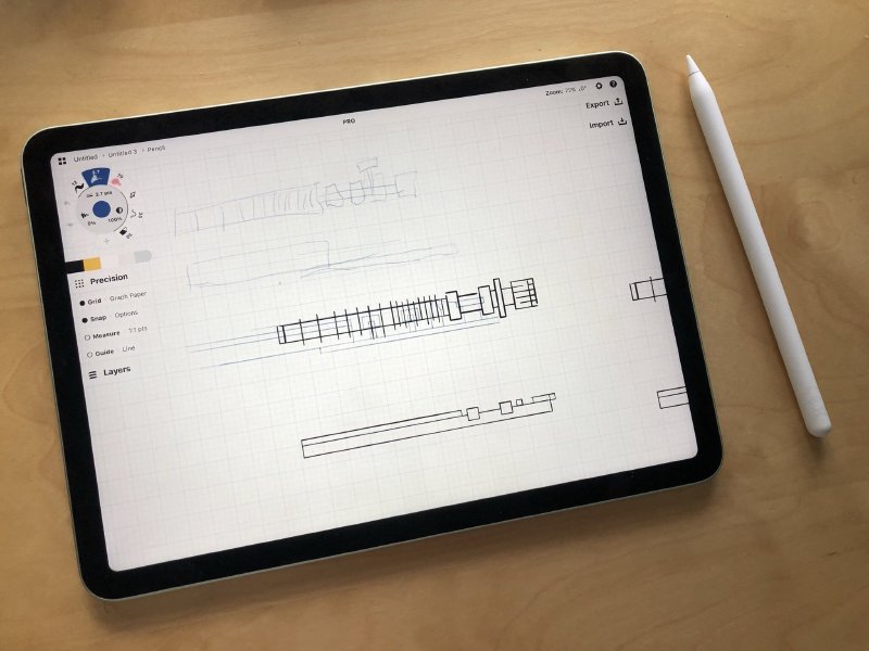 A picture of an iPad and Apple Pencil with some guitar like sketches on the screen.