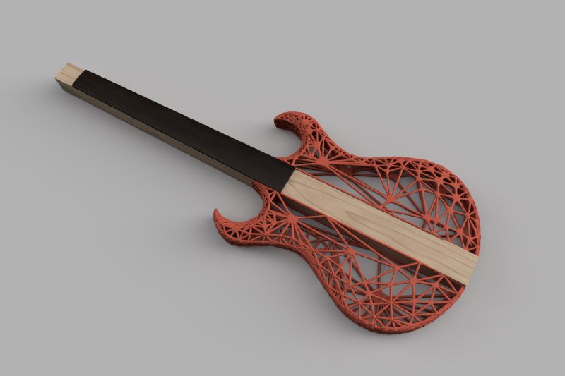A crude render of a blocky guitar design. There's a core bit of wood that runs the length of the guitar from where the headstock would be to the tail, with a fretboard glued on, and the sides of the body are a plastic lattice-work.