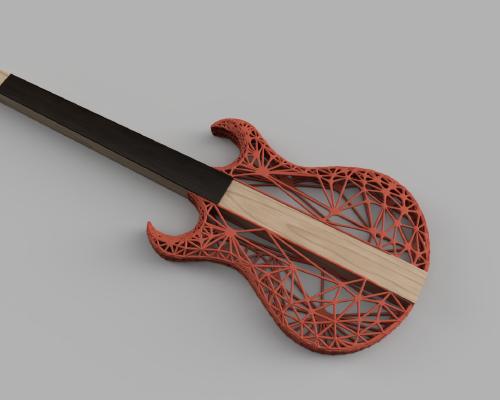 A crude render of a blocky guitar design. There's a core bit of wood that runs the length of the guitar from where the headstock would be to the tail, with a fretboard glued on, and the sides of the body are a plastic lattice-work.