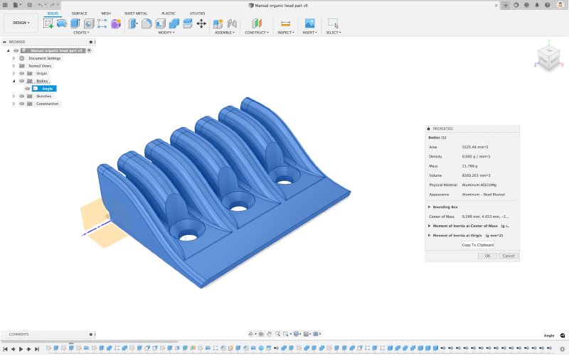 A screenshot of the same part in Fusion 360, with a properties dialog openen showing various facts about the part, including the weight.