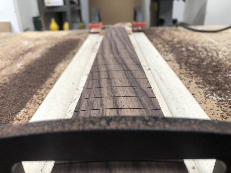 A close up on the fretboard of the neck, showing it has a nice curve as it goes from side to side, and is otherwise totally smooth.