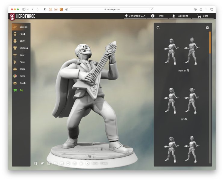 A screenshot of hero forge in a browser, display a model of a robot wearing a suit, with a monocle and a cape, playing a V shaped guitar.