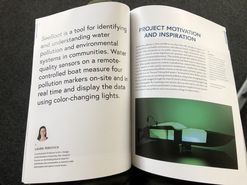 A random page from the book, showing a project entitled 'SeaBoat', a tool for identifying and understanding water pollution and environmental systems in communities. Water quality sensors on a remote controlled boat measure pollution markers and change the colour of lights on the boat in real time to match.