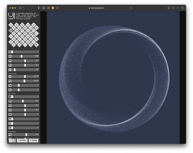 A browser window window running the Uji tool. On the left are a lot of sliders to control the various aspects of the generated art, and in rest of the window is a circular dust cloud of pixels.