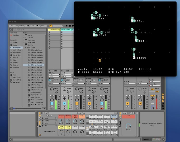 A screen shot of Orca sat next to Abelton Live music software.