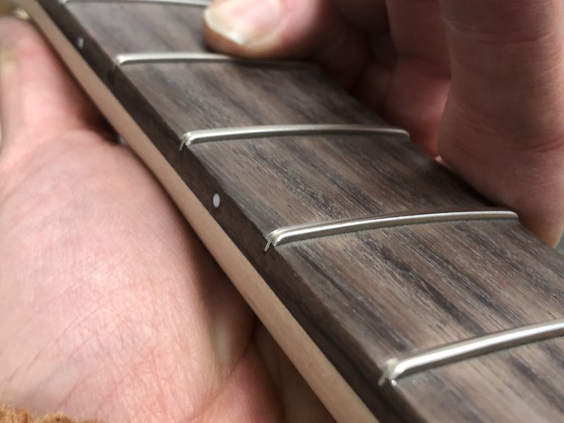  A close up on some of the frets on the neck. They have a dull polish to them, and they round over nicely to the edge of the fretboard.