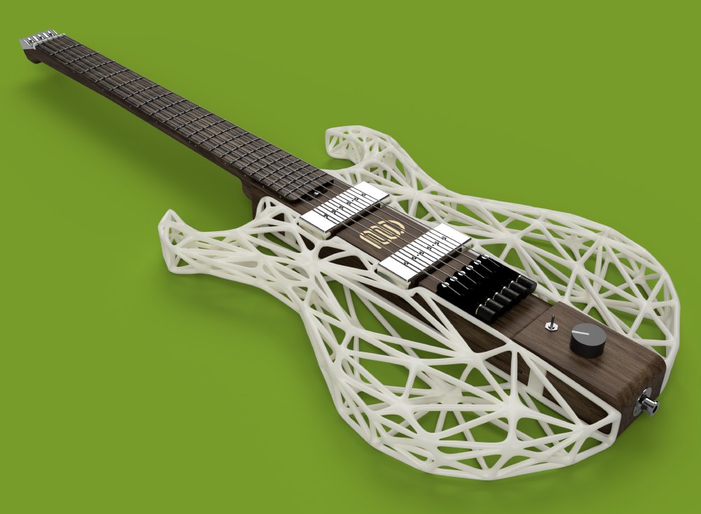 A computer rendering of a my part 3D-printed guitar. The neck and the center of the body are all one bit of dark wood, with the sides of the body a white 3D-printed latice. There are two chrome-covered P90 pickups, and there's no headstock, with tuning being done at the bridge.
