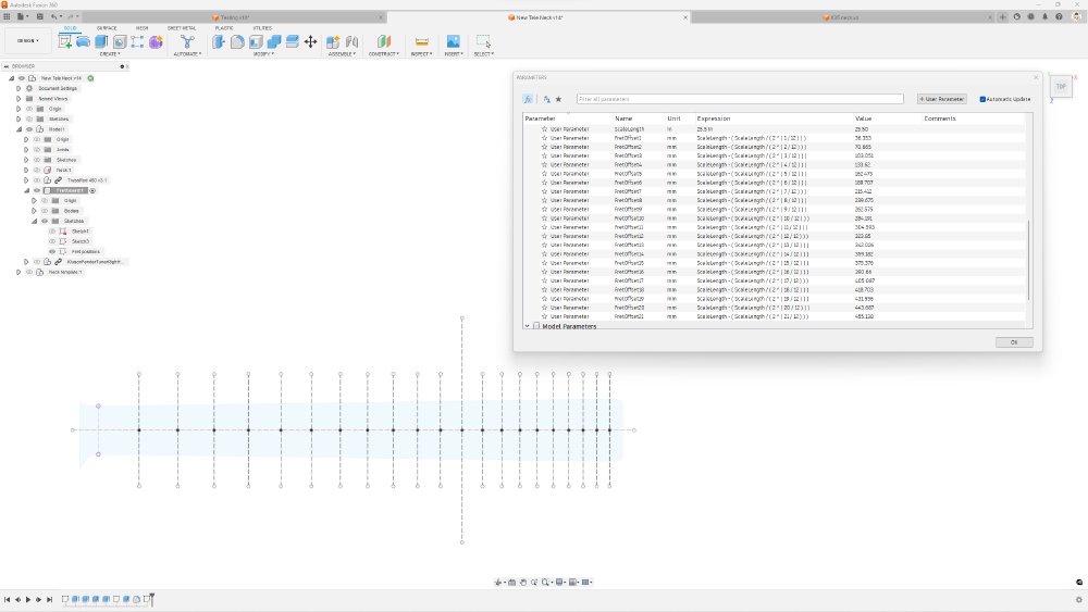 A screenshot of Fusion 360 showing a diagram of a guitar fretboard, and the parameters table with 21 equation entries, one per fret.