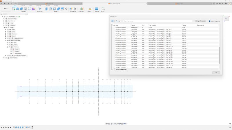 A screenshot of Fusion 360 showing a diagram of a guitar fretboard, and the parameters table with 21 equation entries, one per fret.
