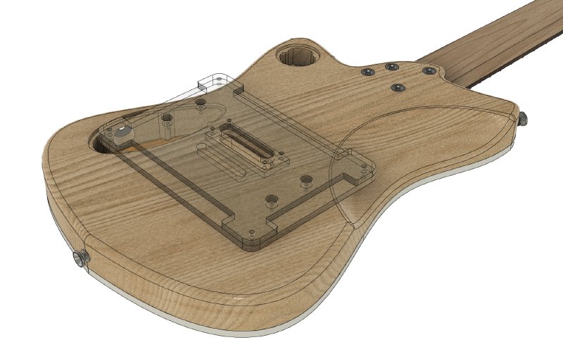 A 3D view from Fusion 360 showing the template placed on the back of a guitar body. It's quite hard to see what's happening, as the template is translucent (it'll be made with translucent acrylic).