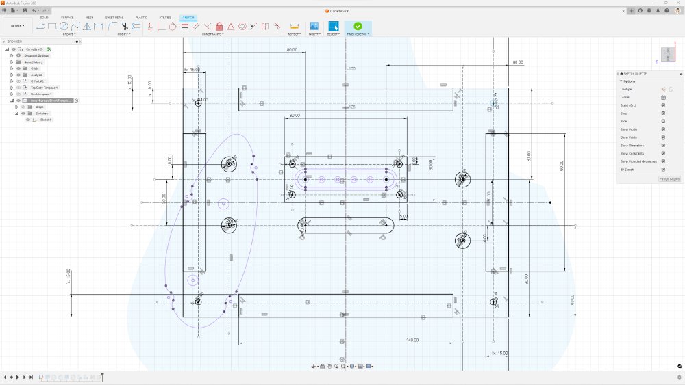 A screenshot of a sketch in Fusion 360 that shows a lot of dimensioned likes and overlapped shapes.