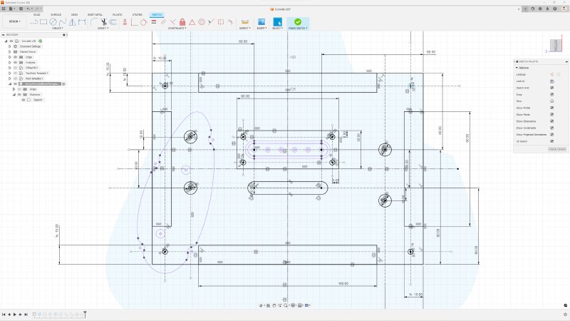 A screenshot of a sketch in Fusion 360 that shows a lot of dimensioned likes and overlapped shapes.