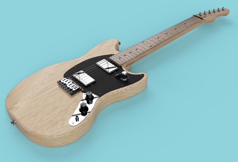 A computer generated rendering of a mustang style solid-body electric guitar. The body and neck are made from light natural woods, and there is a black pick-guard sporting two chrome-covered humbucker pickups.
