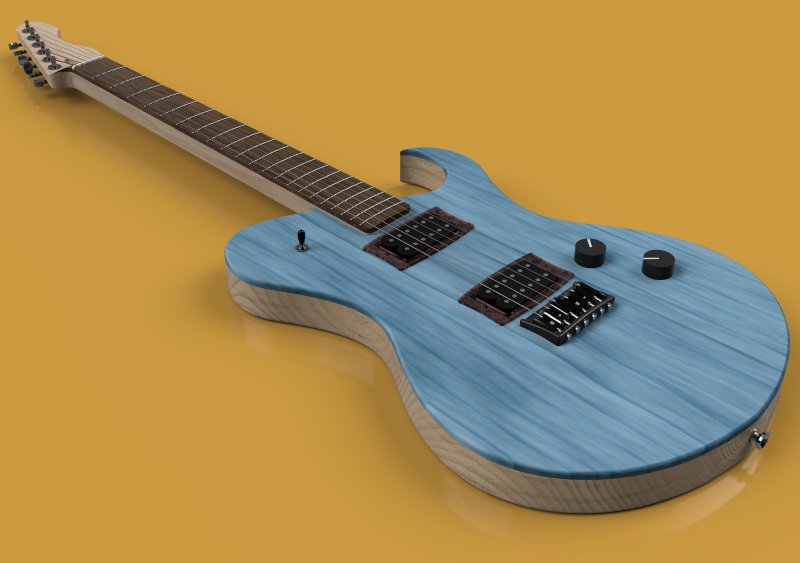 A computer generated rendering of another solid-body electric guitar, this time my own design, which is a bit like a cross between a telecaster and a Les Paul Jnr, with a rounded upper bout on the left hand side, and a pointed cut-away on the right. It has a blue top, two uncovered humbucker pickups, and a maple neck with a rosewood-esk fretboard.