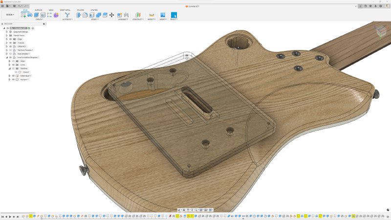 A 3D view from Fusion 360 showing the template placed on the back of a guitar body. It's quite hard to see what's happening, as the template is translucent (it'll be made with translucent acrylic).
