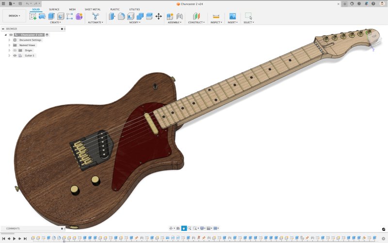 A CAD model of the new guitar. It has the colours and trappings of the chuncaster in the previous photograph, but has a new shape, with more flowing lines than a telecaster, and notably the right horn is much shorter, as it is on the delfinen guitar.