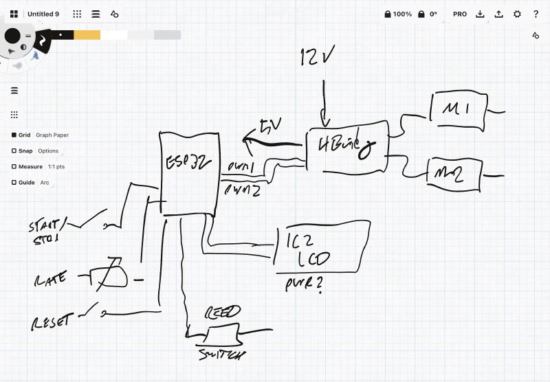 A terrible block diagram sketch of the major parts of a pickup winding machine: an ESP32 dev board, an LCD panel, an H-Bridge to drive two motors, and some input controls.