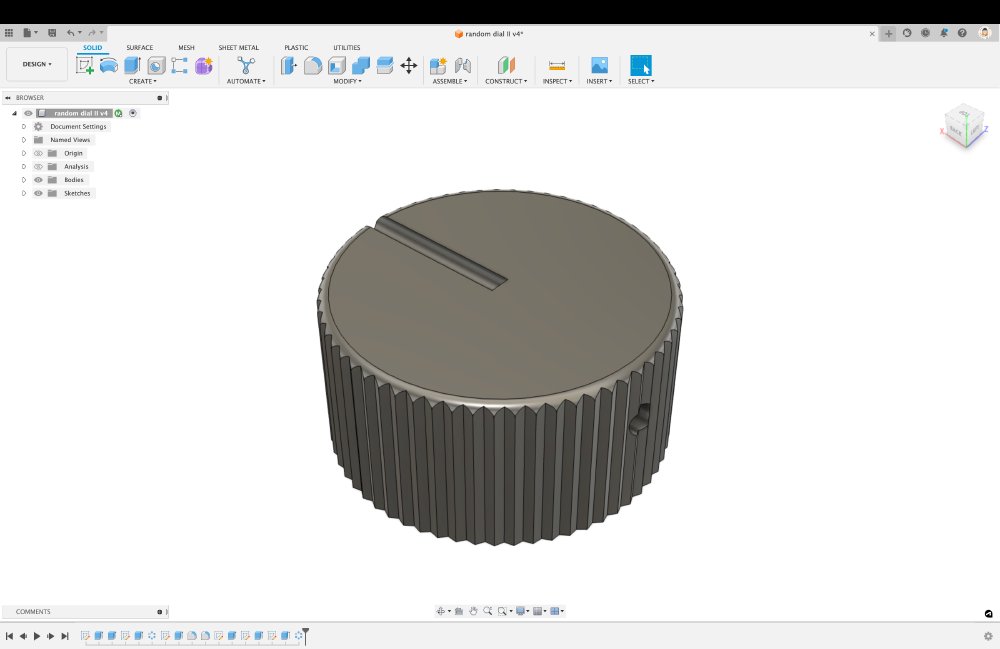 A screenshot of Fusion 360 showing the model of a squat, cylindrical, volume control, with a fine toothed outer edge to get some grip.