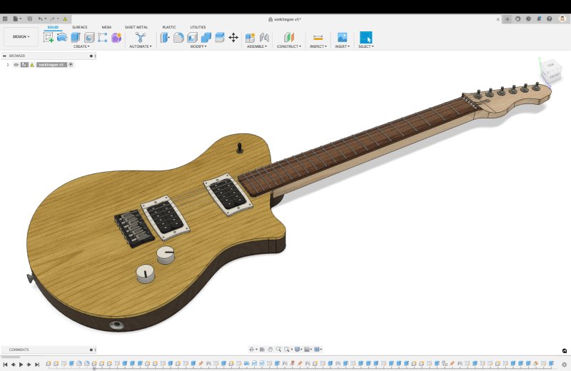 The guitar is shown in CAD form, with an orange body cap, and brown sides
