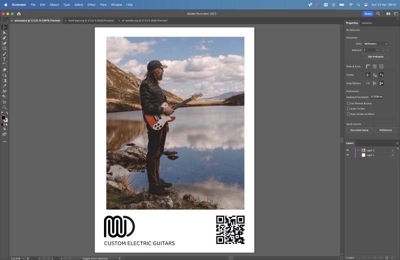 A screenshot of Adobe Illustrator, with a postcard design on it. The postcard has a picture of me with one of my guitar builds stood in Snowdonia, and below it the MWD logo with 'custom electric guitars' and a QR code that points to this website.