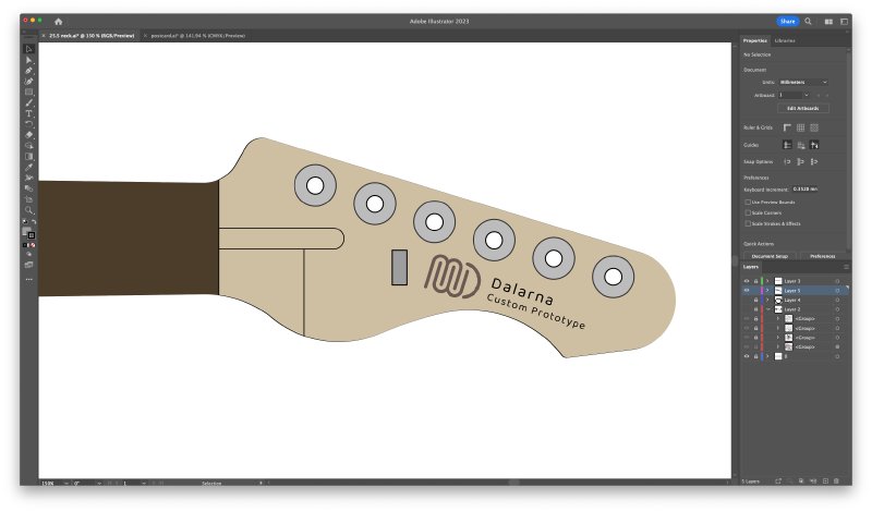 A screen shot of Adobe Illustrator with a mocked up guitar headstock on it, showing just the MWD logo and the text 'Dalarna Custom Prototype' on it