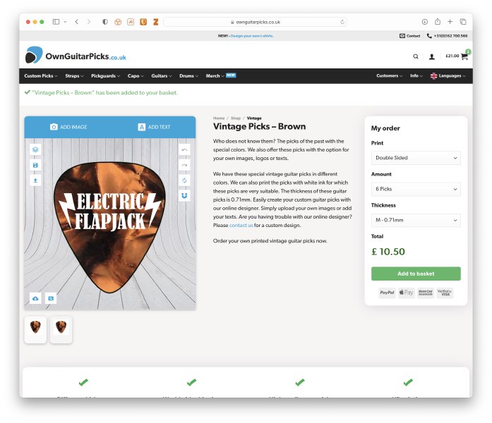 A screenshot of a brown marbled plectrum with the Electric Flapjack logo on it in a web-browser page.